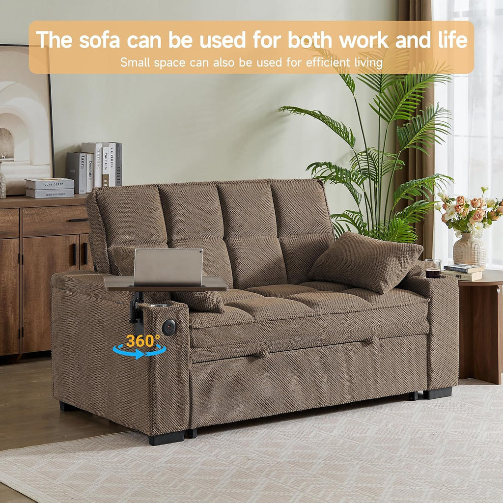 Auvsoce 65'' Chaise Lounge Chair Indoor, 3-in-1 Convertible Sofa Bed with Pull-Out Design, 360° Swivel Side Table, Modern Granular Velvet Couch Bed for Living Room, Small Space & Apartment-Friendly