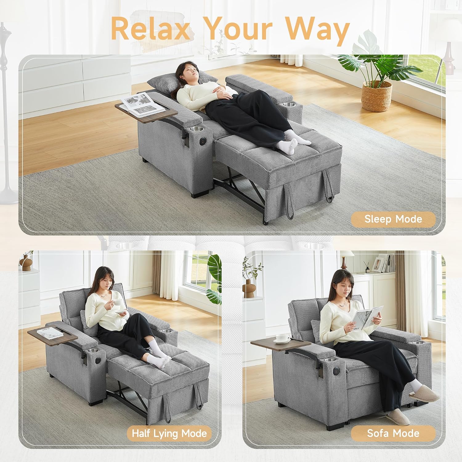 Large Size Convertible Sleeper Chair Futon Sofa Bed, Comfortable thick cushion Single Sleeper Sofa Handheld storage and Adjustable Backrest | Reading Chair with Rotating small table (light gray)
