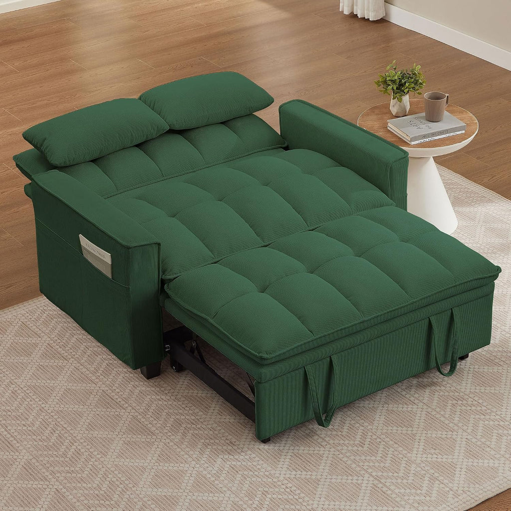 Sleeper Sofa with Pull Out Couch Bed, 48' Convertible Pull-Out Sofa Bed Chair, 3-in-1 Futon Couch with Reclining Backrest and Side Pockets for Living Room Bedroom Apartment, Green
