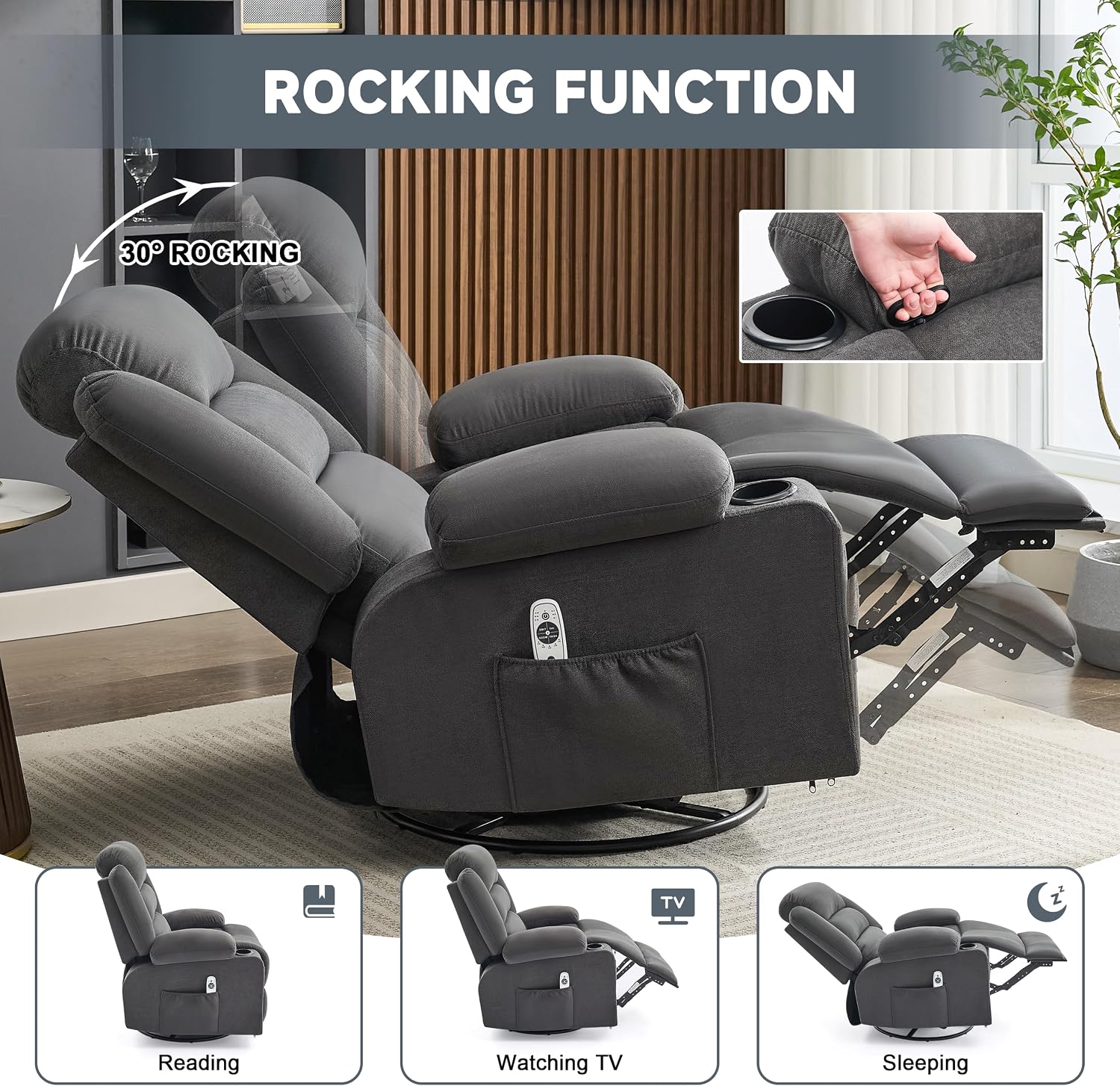 Rocker Recliner Chair with Heat and Massage, 360° Swivel Nursery Rocking Chairs for Adults, Oversized Recliner Single Sofa Seat with Cup Holders, Lazy Boy Recliner Single Sofa (Manual, Darkgrey)