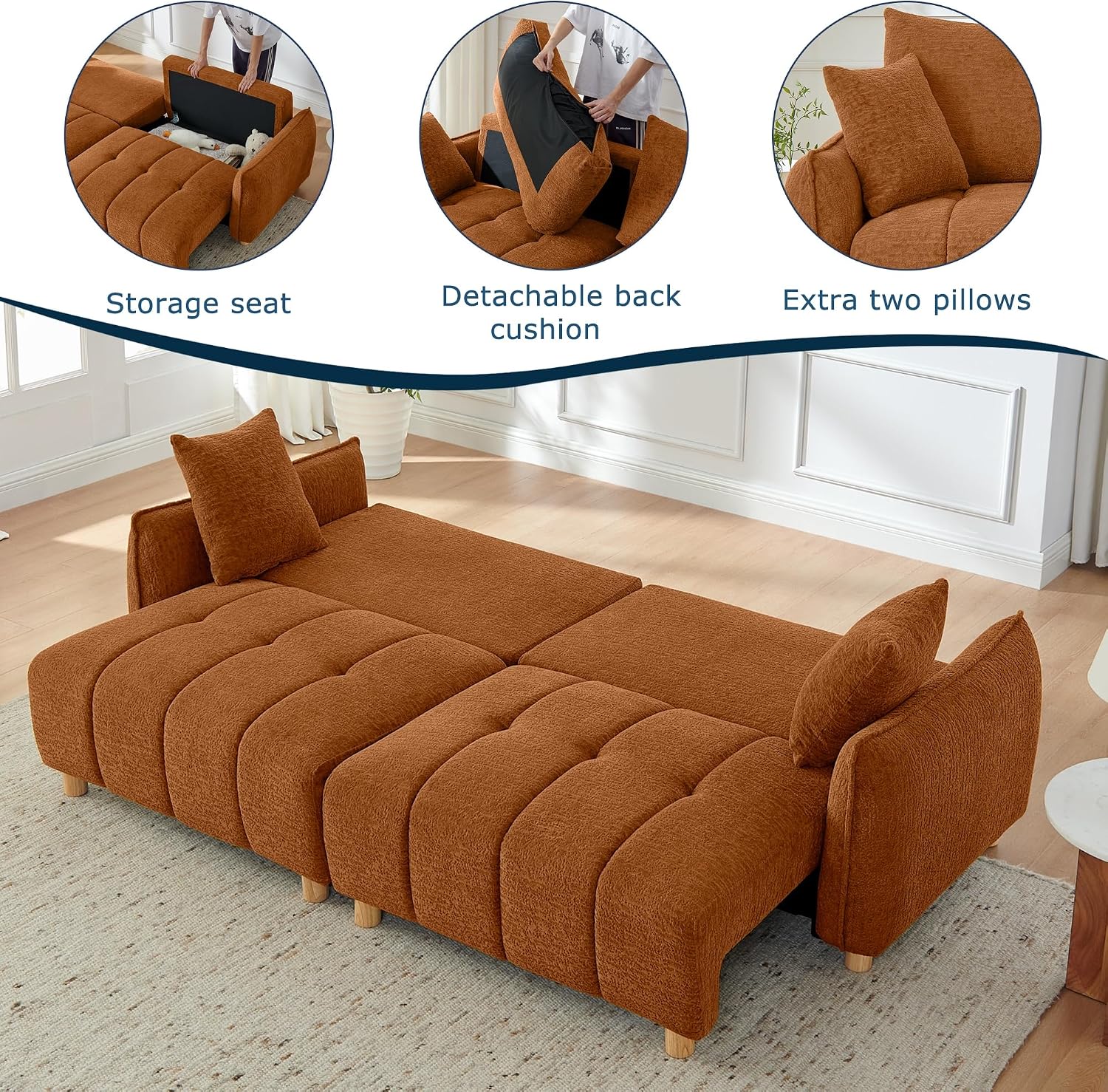 Mofolit Sleeper Sofa Bed Convertible Couch with Storage in Chenille Fabric Loveseat for Living Room Apartment and Small Spaces (Orange)
