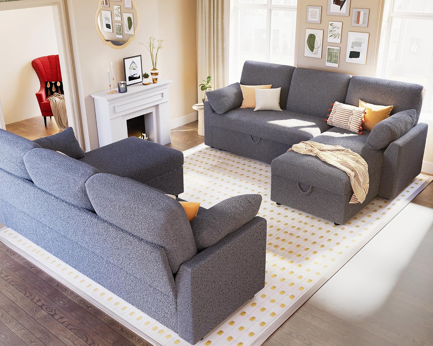 PaPaJet Sofa Bed, Sleeper Sofa with Storage Chaise, L Shaped Sofa with Pull Out Bed, Oversized Sofas for Living Room-Dark Gray Boucle