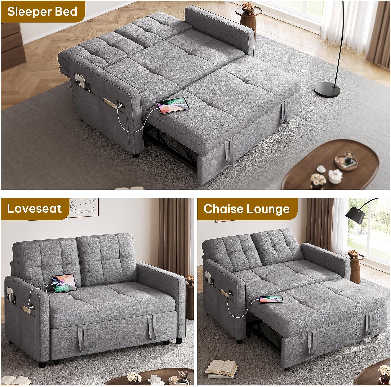 YITAHOME 55' Convertible Sofa Bed, 3-in-1 Sleeper Sofa with Pull-Out Bed, Cat-Scratch-Proof Futon Couch with 5-Levels Reclining Backrest, USB and Side Pocket, Modern Loveseat for Living Room, Grey