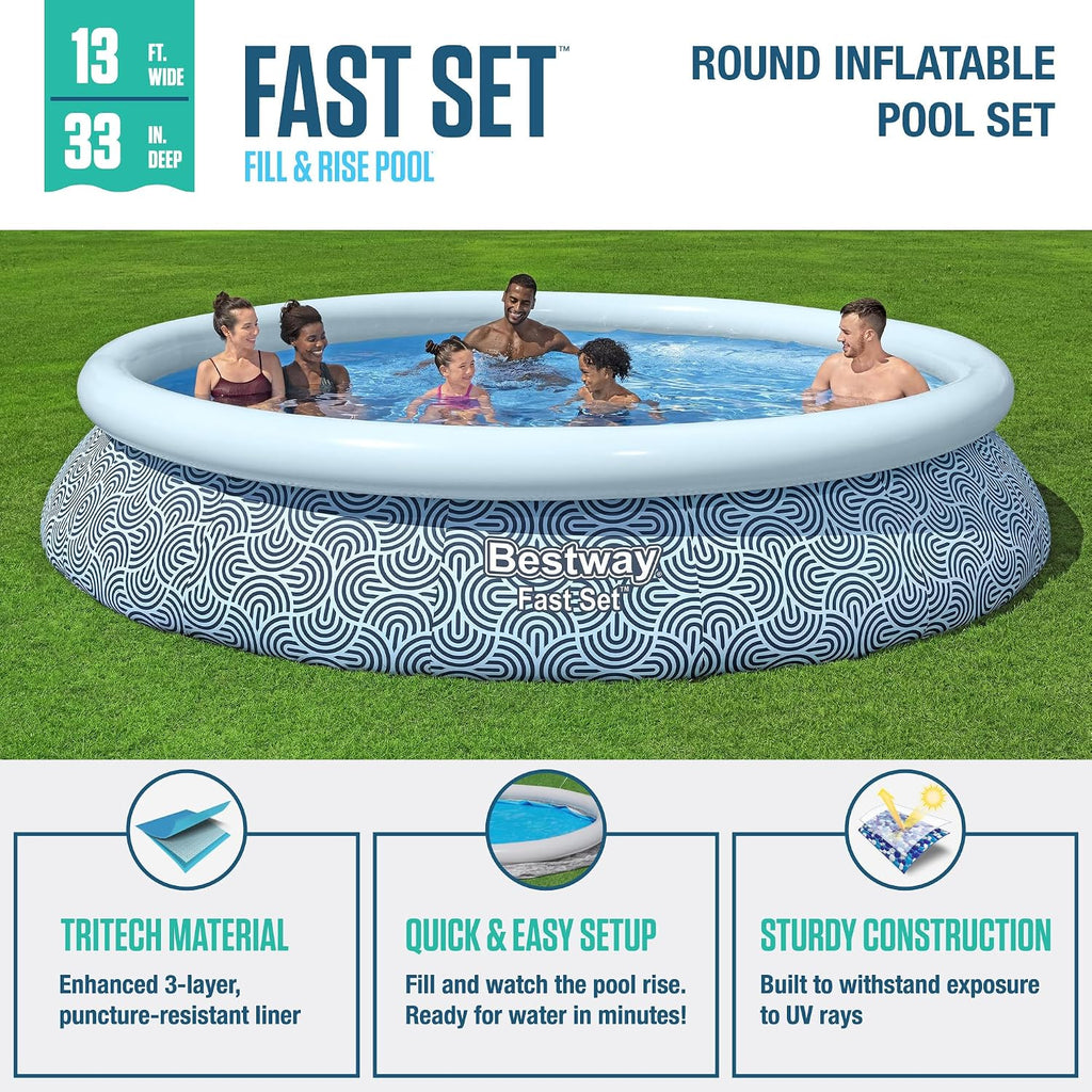 Bestway Fast Set 13' x 33' Round Inflatable Above Ground Swimming Pool Set, Outdoor Family Pool with Filter Pump, Rattan Print