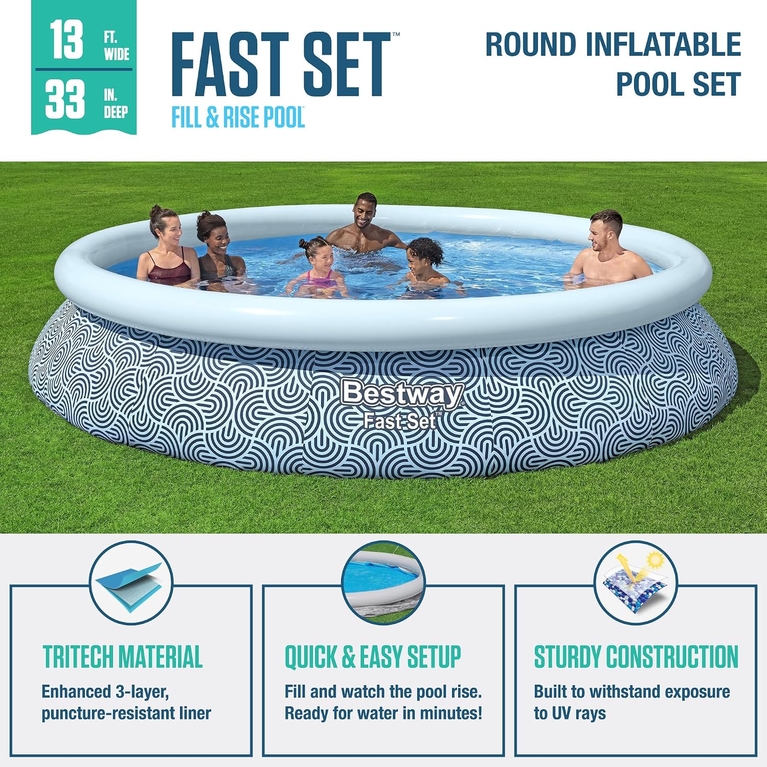 Bestway Fast Set 13' x 33' Round Inflatable Above Ground Swimming Pool Set, Outdoor Family Pool with Filter Pump, Rattan Print