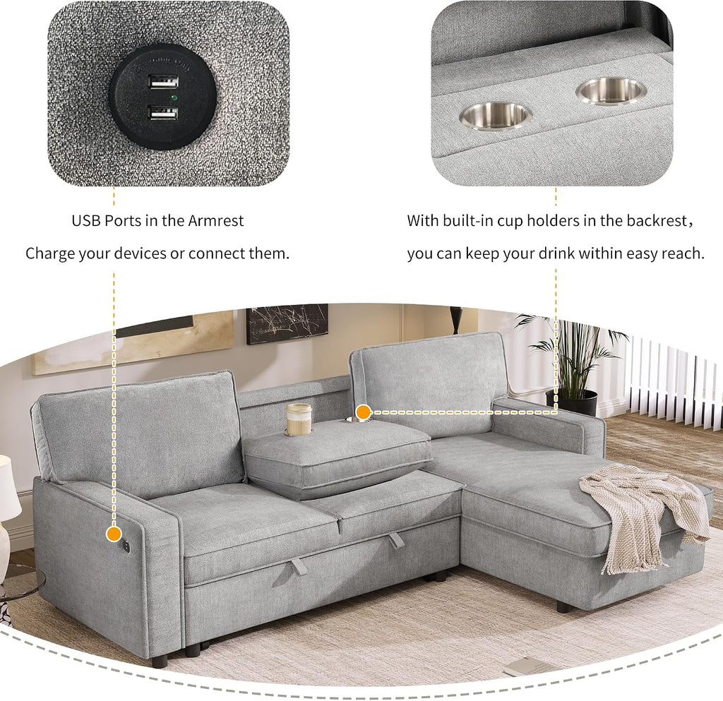 LUMISOL 89' Convertible Sleeper Sofa Bed, Modern L-Shaped Sectional Sofa Pull Out Couch with Chaise, Chenille Sofa Bed with Cup Holder, USB Ports for Living Room, Small Apartment, Gray