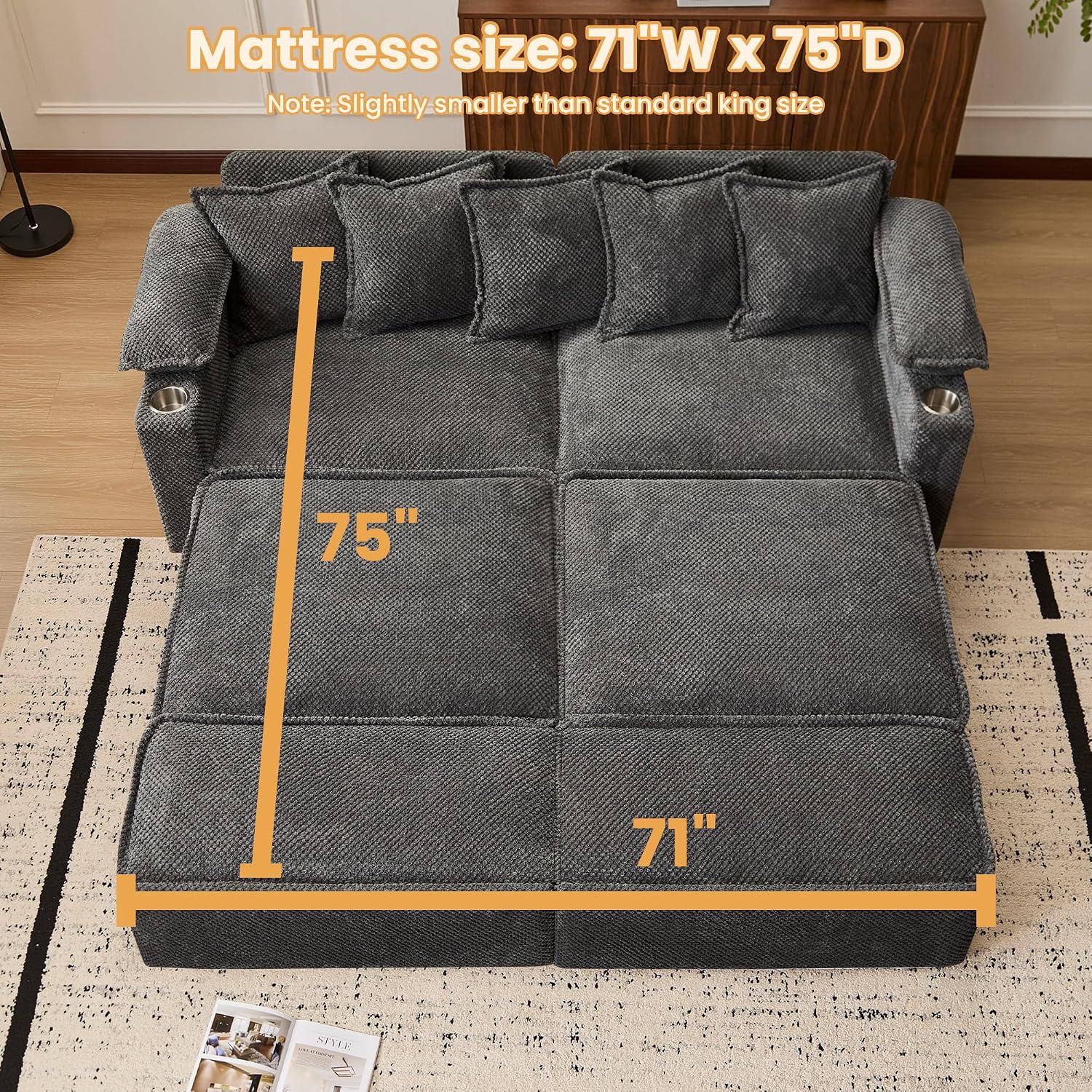SUNWAVE 83' King Size Pull Out Sofa Bed, 4-in-1 Convertible Sleeper Sofa Bed with USB Ports, Cup Holders, Side Pockets, Corduroy Pull Out Couch Loveseat Chaise for Living Room, Small Space (Gray)