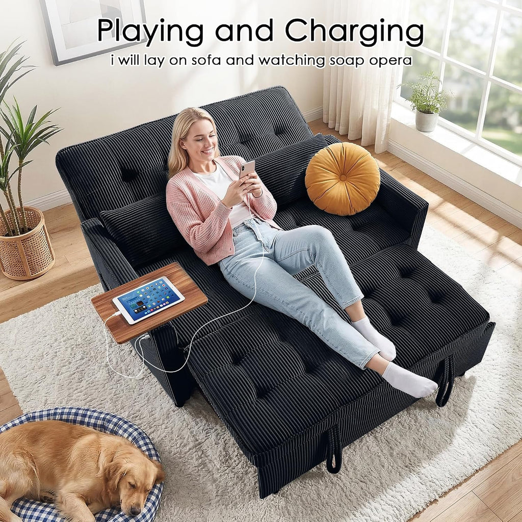 Sleeper Sofa Bed, 54'' Convertible Pull Out Couch with Small Table| USB Port | Side Pockets | Corduroy Fabric | Adjustable Backrest for Apartment, Office, Bedroom, Guest Room (Black)