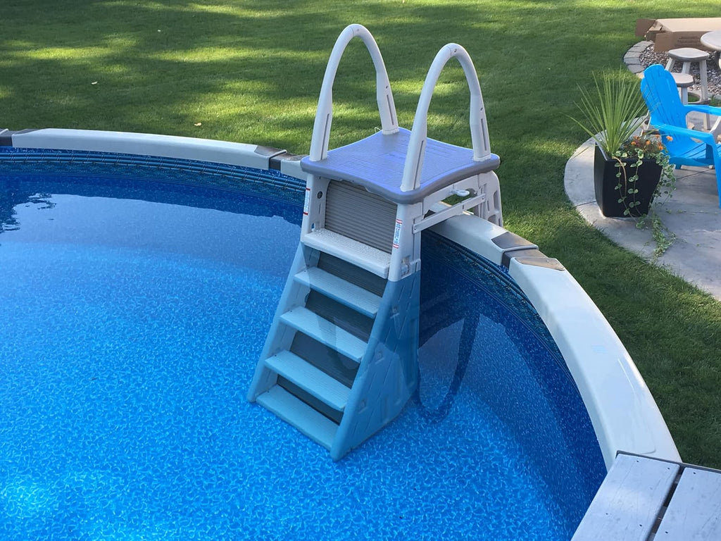 Confer Plastics 7200 Roll Guard 48' to 56' Adjustable A Frame Safety Above Ground Outdoor Patio Swimming Pool Platform Ladder with Step Barrier, Gray Deck & Tambour