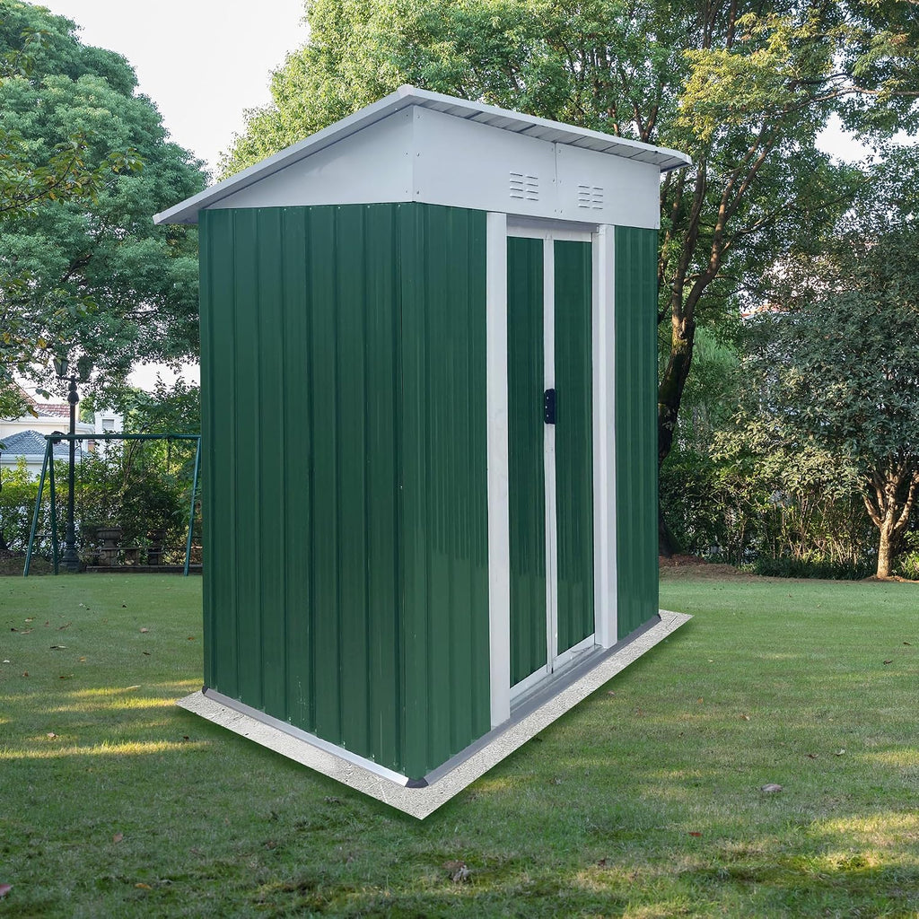 5FT x 3FT Metal Storage Shed – Green Outdoor Lean-to Shed, Galvanized Steel & Aluminum Alloy, Lockable Sliding Door for Garden Tools, Pet House, Pool Toys & More