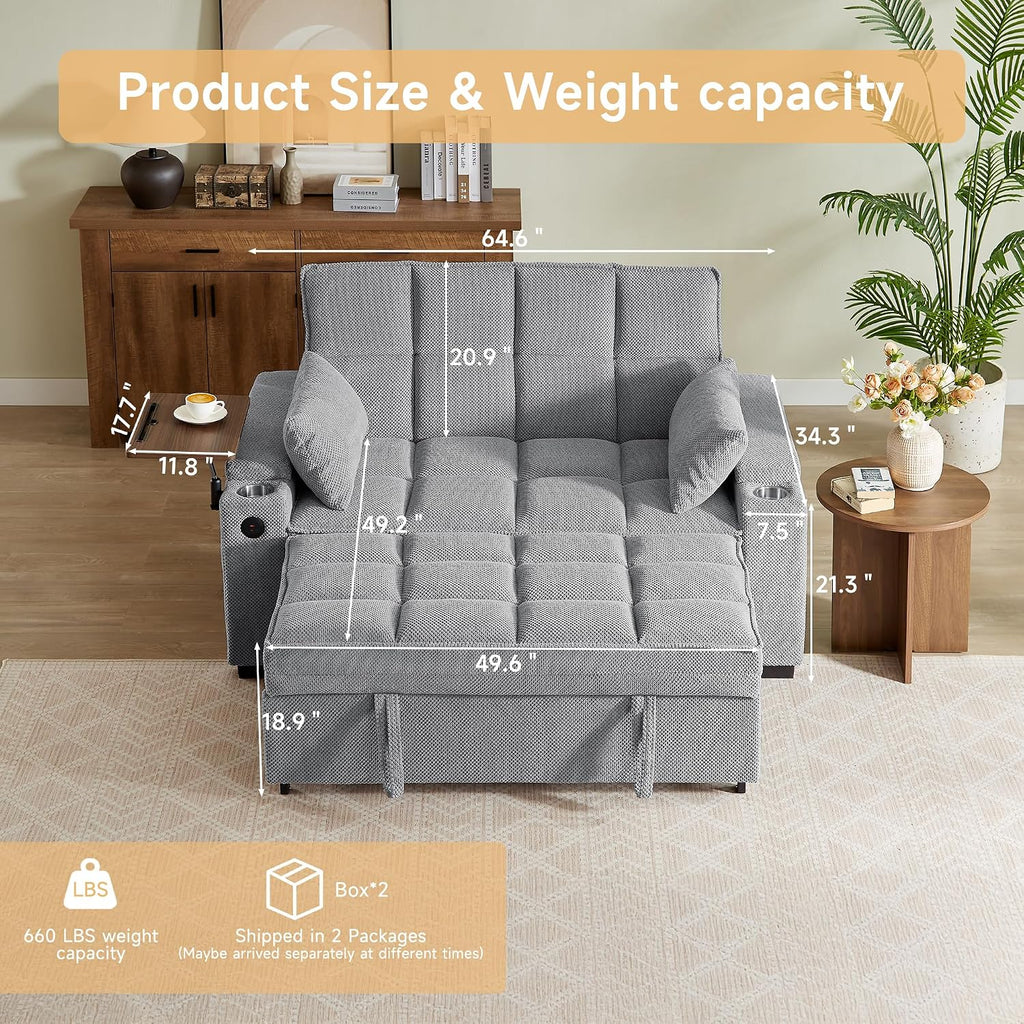 Auvsoce 65'' Chaise Lounge Chair Indoor, 3-in-1 Convertible Sofa Bed with Pull-Out Design, 360° Swivel Side Table, Modern Granular Velvet Couch Bed for Living Room, Small Space & Apartment-Friendly