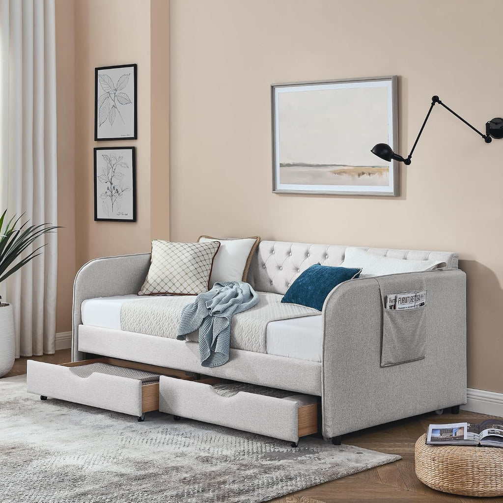 KEIKI Twin Size Upholstery Daybed with Trundle and 2 Drawers, Twin to King Design Mid-Century Style Extendable Sofa Bed, Easy Assembly, No Box Spring Required, for Living Room, Beige