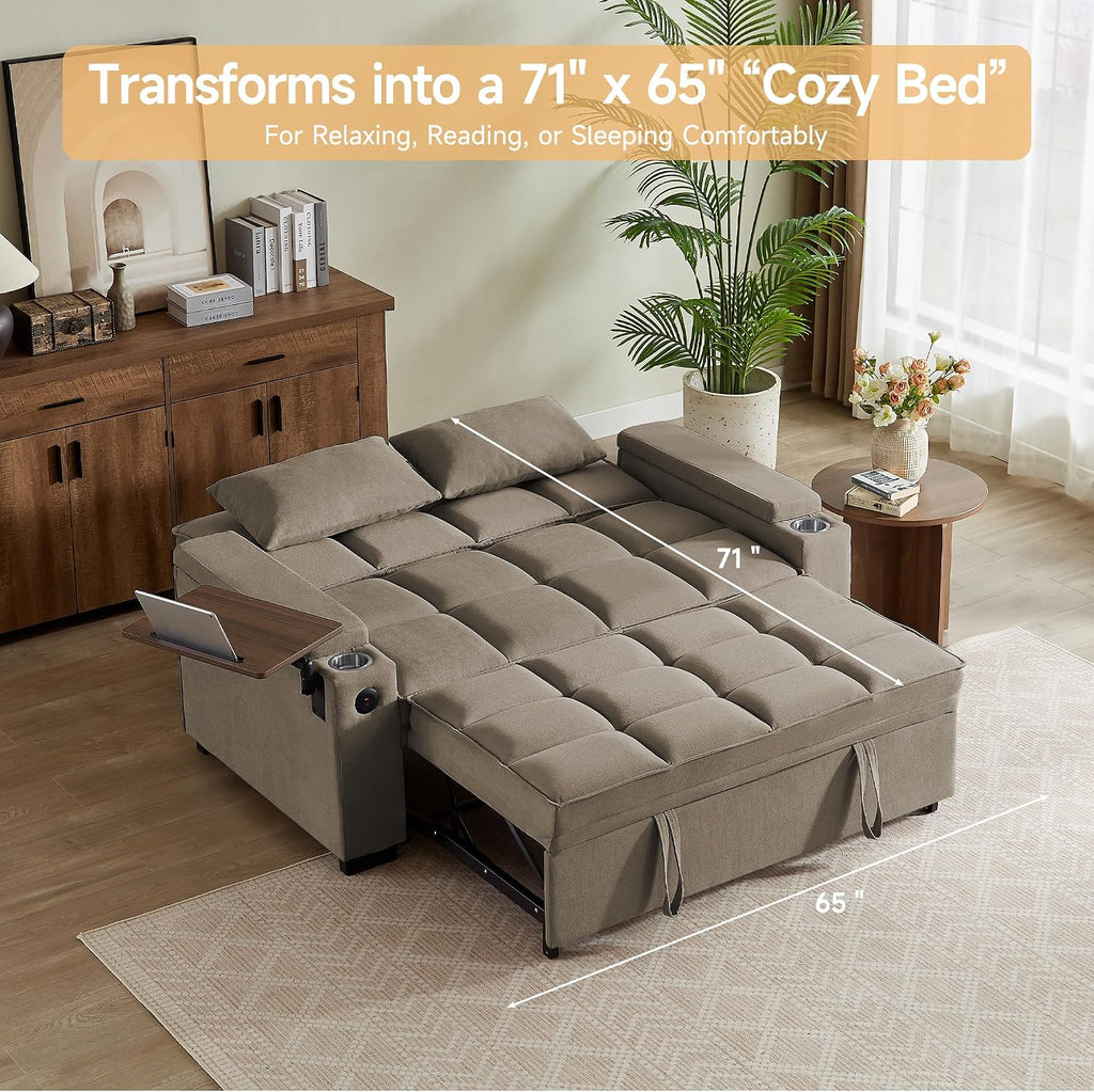 Auvsoce 65' Sleeper Sofa Bed Loveseat, Convertible Couch for Living Room, RV Sofa with Adjustable Backrest, Chaise Lounge, Side Table, USB & Type-C Ports