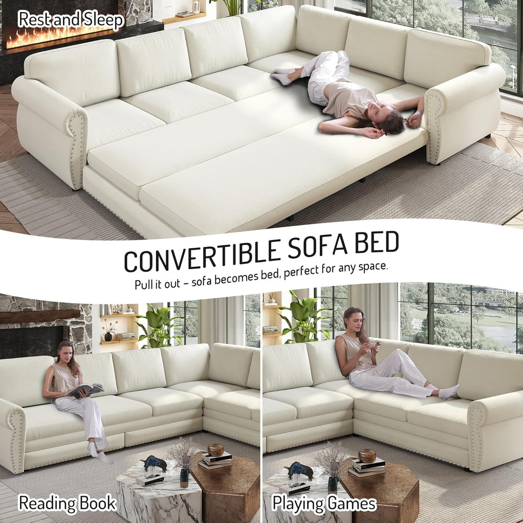 118' L-Shaped Sleeper Couch Bed - Oversize Convertible with Pull-Out Sofa Bed, Button Tufted Chesterfield Sofa, Chenille Sectional Vintage Couches for Living Room/Apartment(6-Seater, Beige)