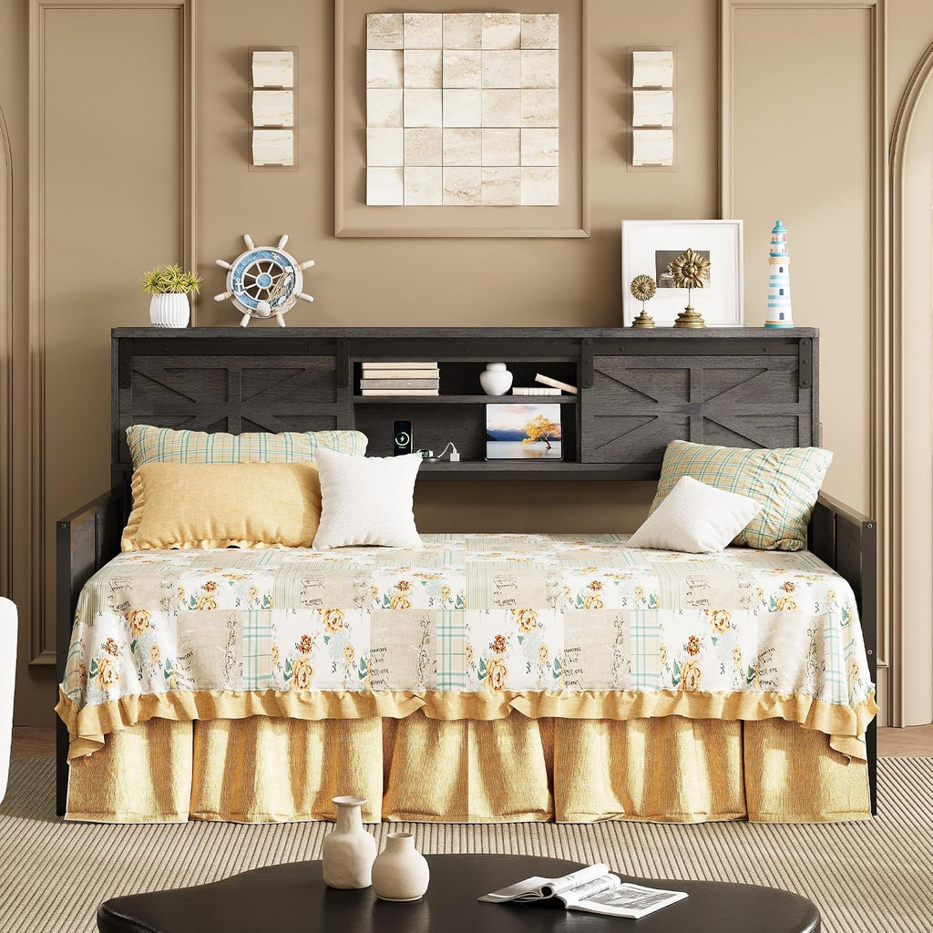 LIKIMIO Daybed with Trundle Bed, Sofa Bed Twin with Charging Station, with Storage Headboard & Strong Support, for Living Room, Bedroom and Guest Room, Charcoal Grey
