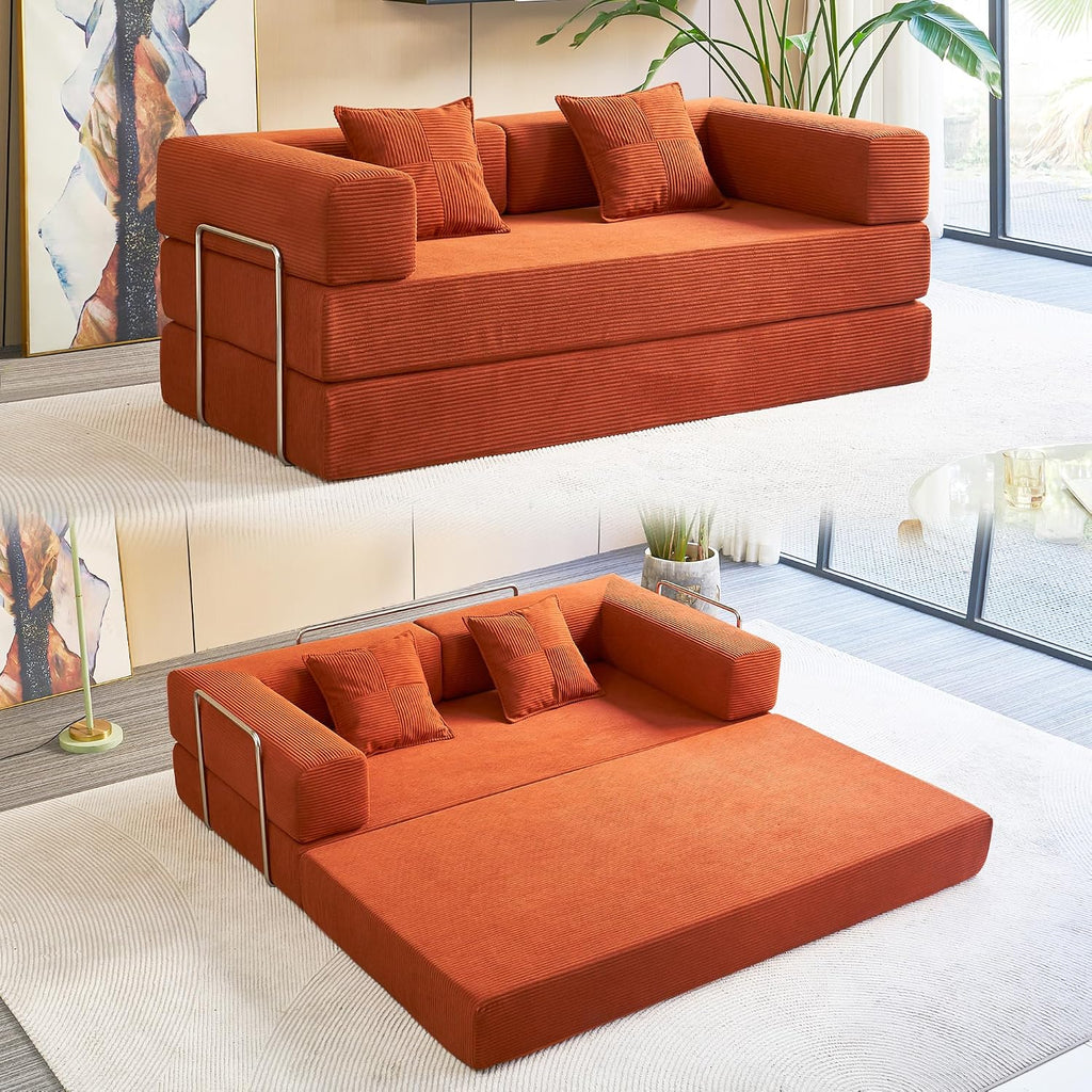 Compression Sofa - 78''Convertible Floor Sofa Bed - with Pillow Back Support Armrest - Comfy Foldable Sofa Bed Compressed Sofa in Box - Corduroy Fabric - for Living Room Bedroom(Orange)