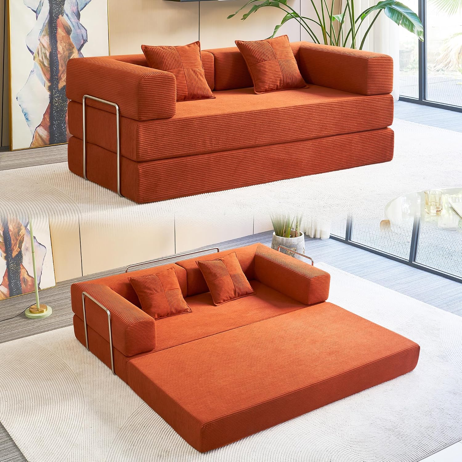 Compression Sofa - 78''Convertible Floor Sofa Bed - with Pillow Back Support Armrest - Comfy Foldable Sofa Bed Compressed Sofa in Box - Corduroy Fabric - for Living Room Bedroom(Orange)