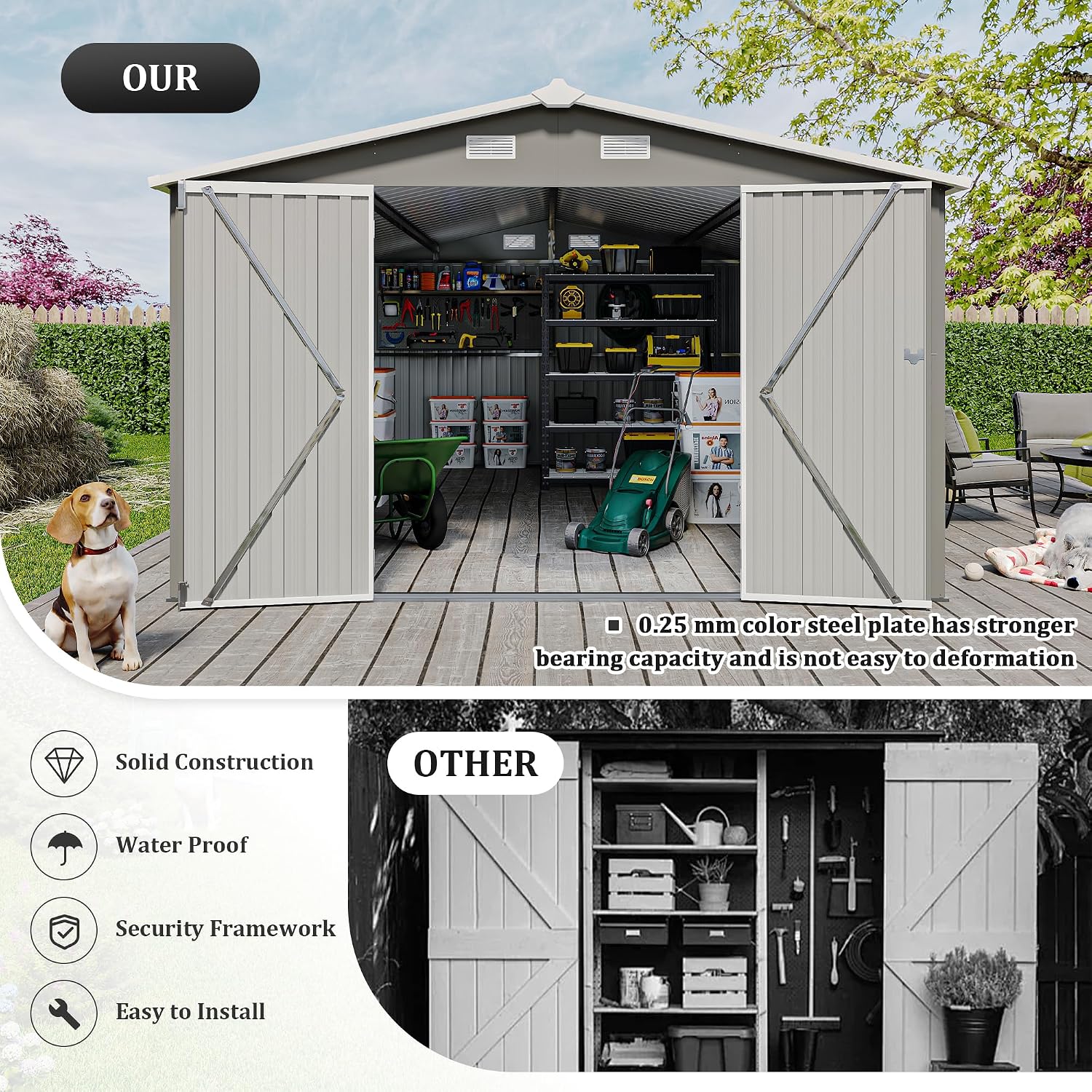 10 x14 FT Outdoor Storage Shed, Extra Large Metal Garden Shed with Waterproof Roof and 3 Lockable Doors, All-Weather Utility Tool Shed Storage House for Backyard, Patio, Lawn (Light Gray)