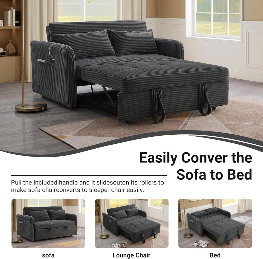 55.5' Corduroy Convertible Sofa Bed, Pull Out Sleeper Sofa Bed, Loveseat Couch with USB Charging Ports, 3 in 1 Convertible Sleeper Sofa Bed for Living Room, Apartment, Bedroom, RV, Grey