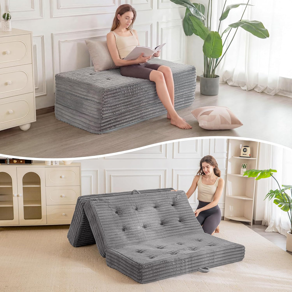 MAXYOYO Folding Sofa Couch Bed, 6 Inch Tri-Fold Floor Sofa Bed, Folding Mattress with Handles, Soft Faux Fur Folding Bed with Supportive Foam Filling, Portable Couch for Living Room, Twin, Grey