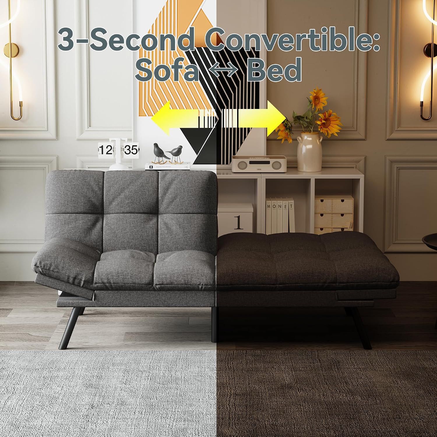 Futon Sofa Bed Convertible Couch, Grey Linen Sofa Bed with Memory Foam, Adjustable Backrest & Armrests, Multifunctional Small Loveseat Sleeper Sofa for Living Room, Apartment, Office