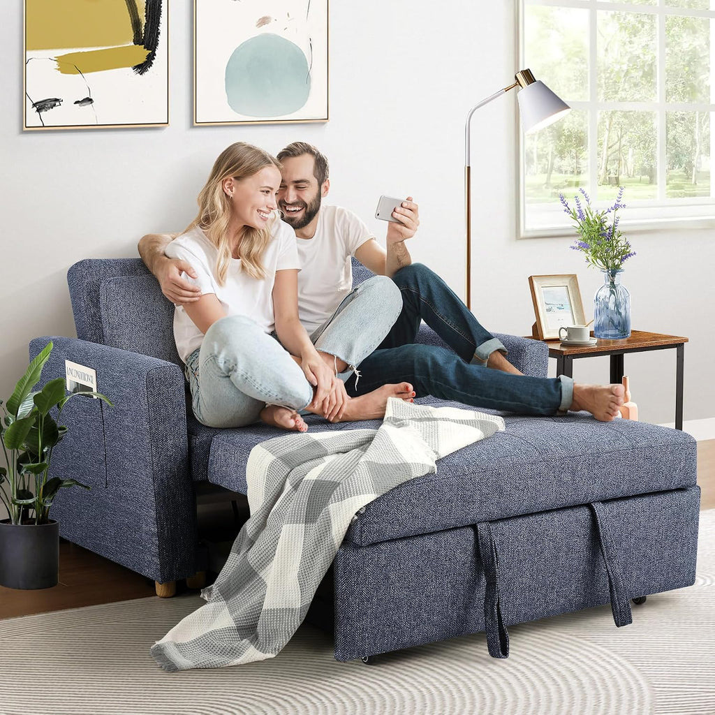 SEJOV Convertible Sofa Bed, 3-in-1 Sleeper Sofa Pull Out Couch Bed, 2-Seater Linen Fabric Loveseat Futon with Spring Support, Adjustable Backrest for Small Spaces, Living Room, Navy Blue