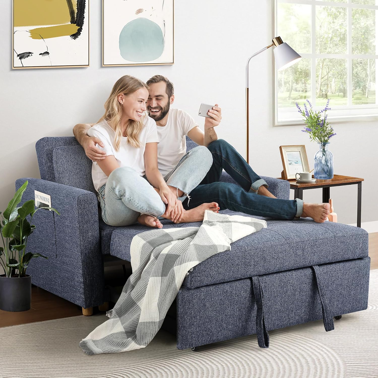 SEJOV Convertible Sofa Bed, 3-in-1 Sleeper Sofa Pull Out Couch Bed, 2-Seater Linen Fabric Loveseat Futon with Spring Support, Adjustable Backrest for Small Spaces, Living Room, Navy Blue