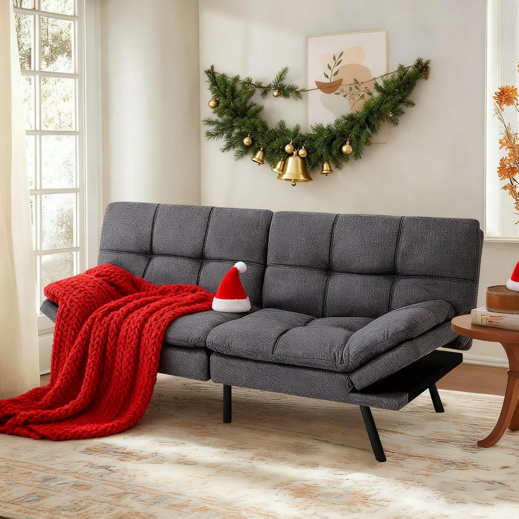 MUUEGM 71-Inch Convertible Futon Sofa Bed with Adjustable Backrest & Removable Armrests, Foldable Sleeper Loveseat for Small Space Living Room, Studio Apartment, Home Office，Deep Gray