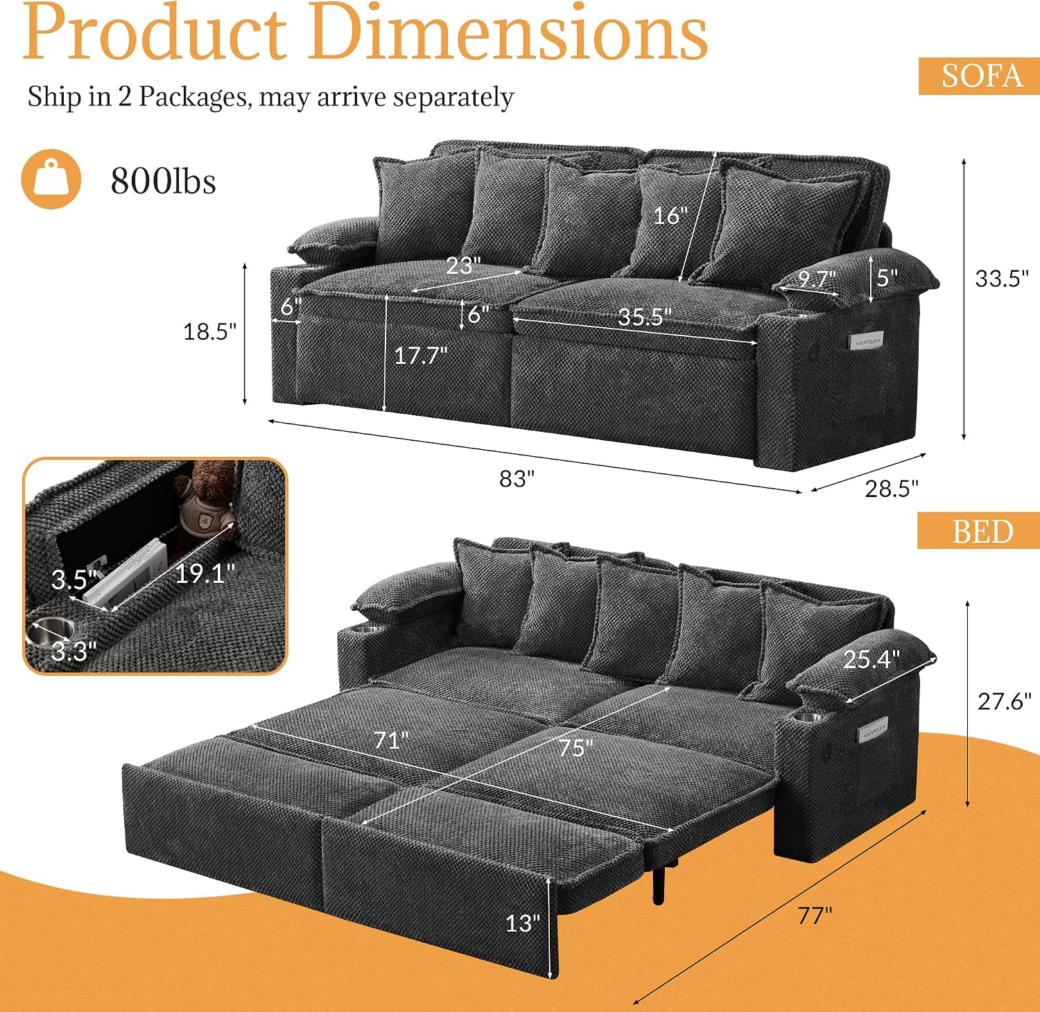SUNWAVE 83' King Size Pull Out Sofa Bed, 4-in-1 Convertible Sleeper Sofa Bed with USB Ports, Cup Holders, Side Pockets, Corduroy Pull Out Couch Loveseat Chaise for Living Room, Small Space (Gray)
