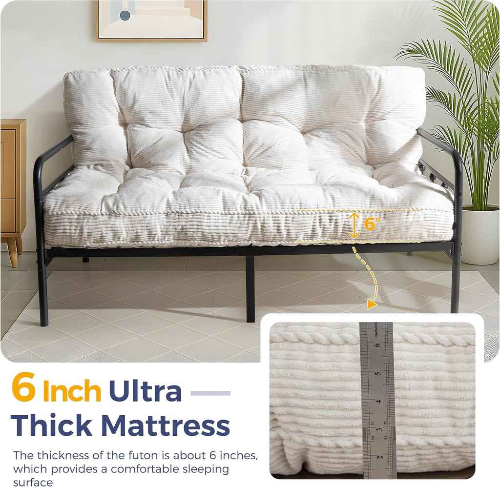 MAXYOYO 6' Futon Mattress Full Size, Tufted Futons Sofa Couch with Twisted Rope Design Edging, Thick Corded Fabric Floor Mattress for Adults, Shredded Foam Filling (Frame Not Included), Beige