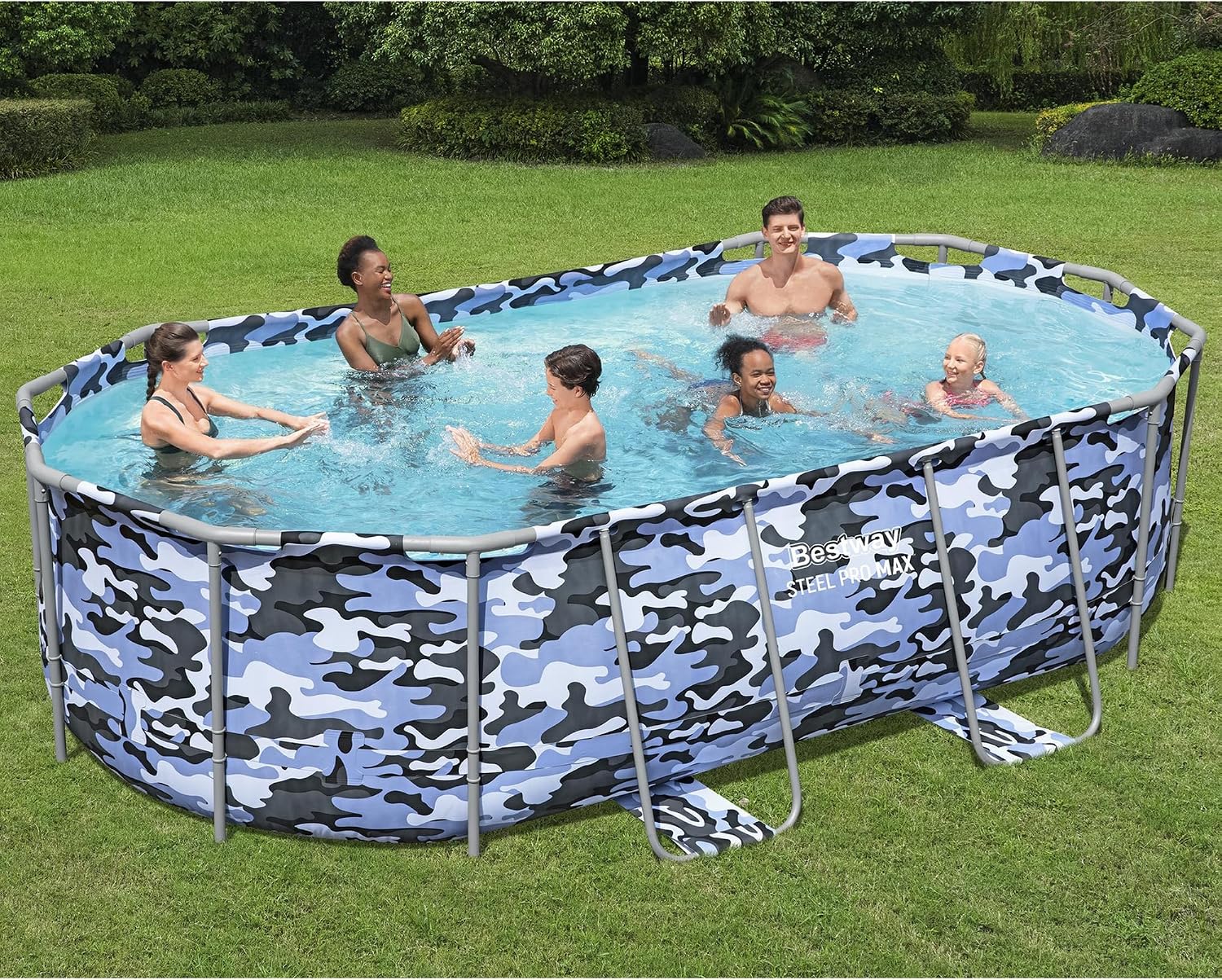 Bestway: Steel Pro Max - Oval Swimming Pool Set - 14' x 8'2' x 39.5, Blue Camo - Above Ground, Tritech Construction, Filter Pump, Ladder, 1,915 Gal.