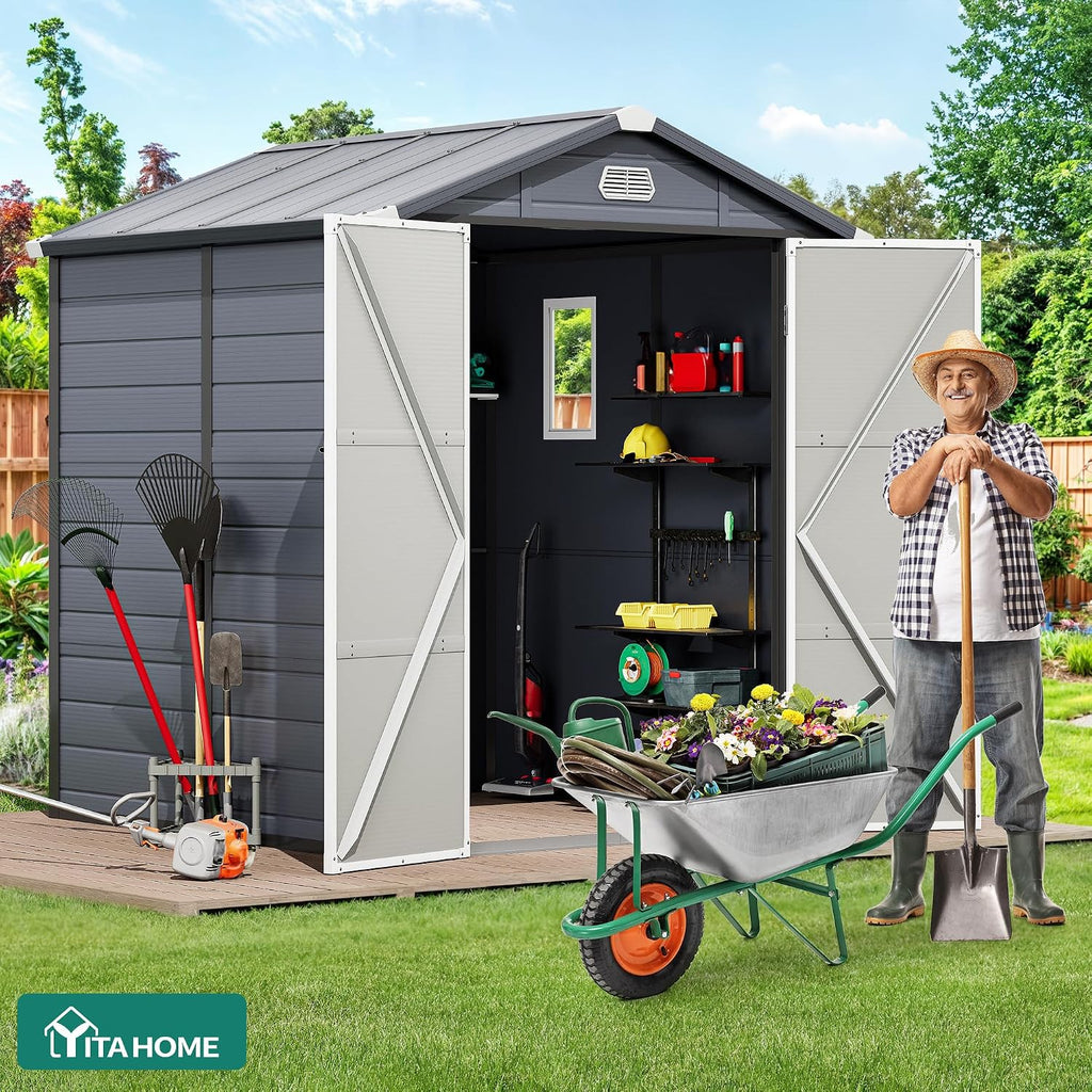 YITAHOME 6x6FT Outdoor Storage Shed w/o Floor, All-Weather Plastic Shed with Lockable Doors, Window & Vents, Plastic Tool Shed for Backyard, Patio, Poolside, Lawn, Gray