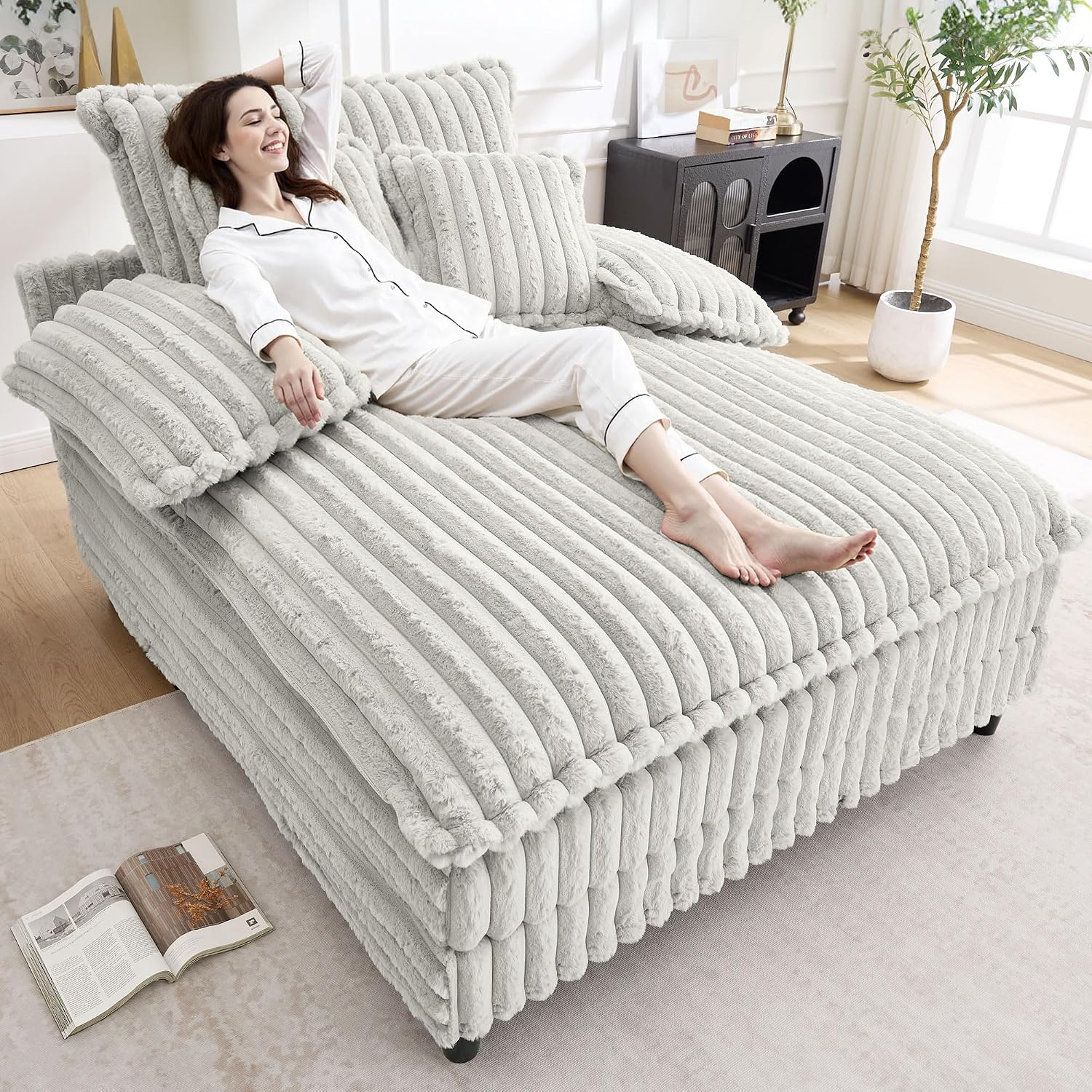 WESTSETLUX 54.8' W Oversized Chaise Lounge Chair Indoor with 5-Position Adjustable Backrest, Plush Sleeper Sofa Bed with Pillows, Upholstered Cloud Couch Chair for Living Room, Study Room, Silver Grey