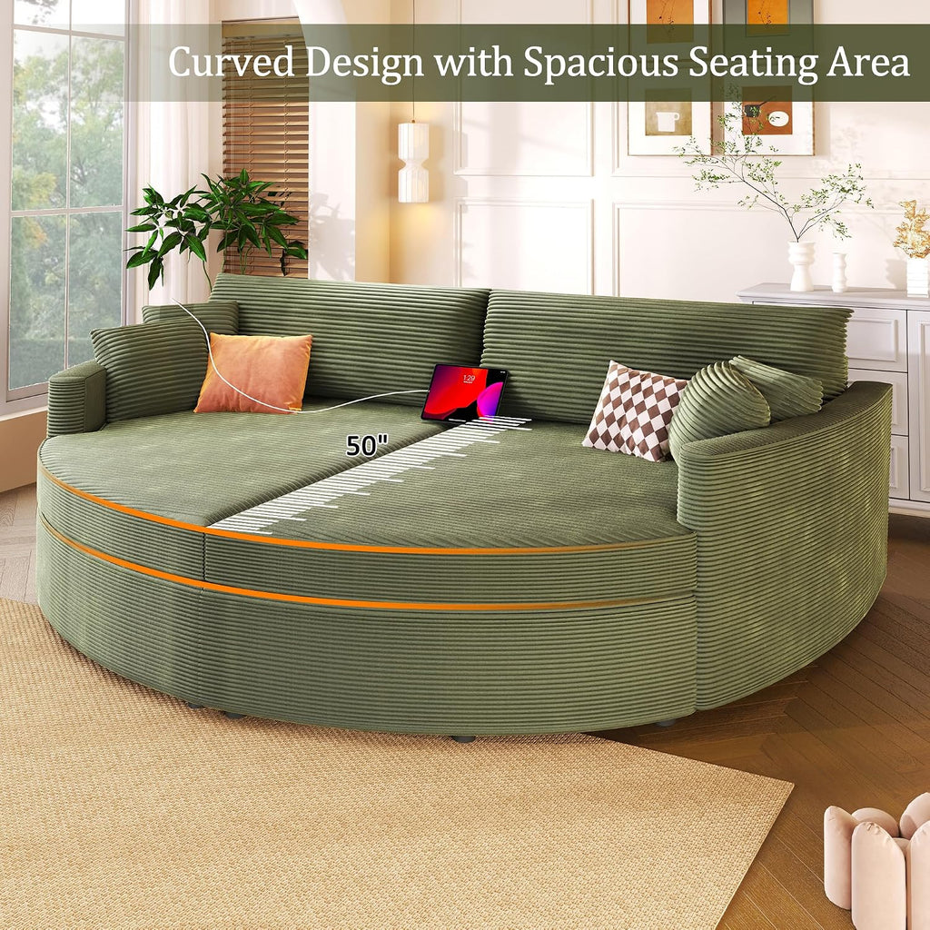 Merax 102.3' Oversized Double Chaise Lounge Indoor, Comfy Corduroy Upholstered Loveseat Sleeper Sofa Bed, Deep Seat Cloud Couch with USB Ports and Throw Pillows for Living Room, Green