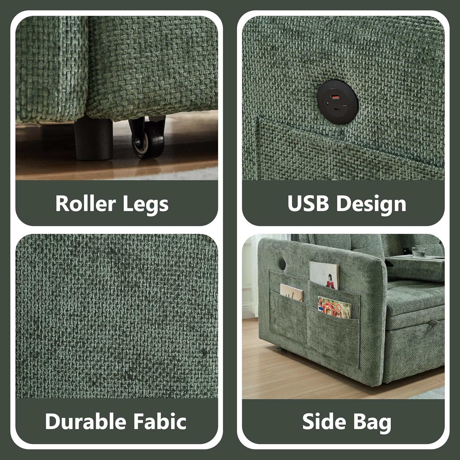 57.48' Convertible Sofa Bed with Cup Holder, Pull Out Sleeper Sofa Bed with USB Charging Ports, 3 in 1 Convertible Sleeper Sofa Bed for Living Room, Apartment, Bedroom, RV, Green