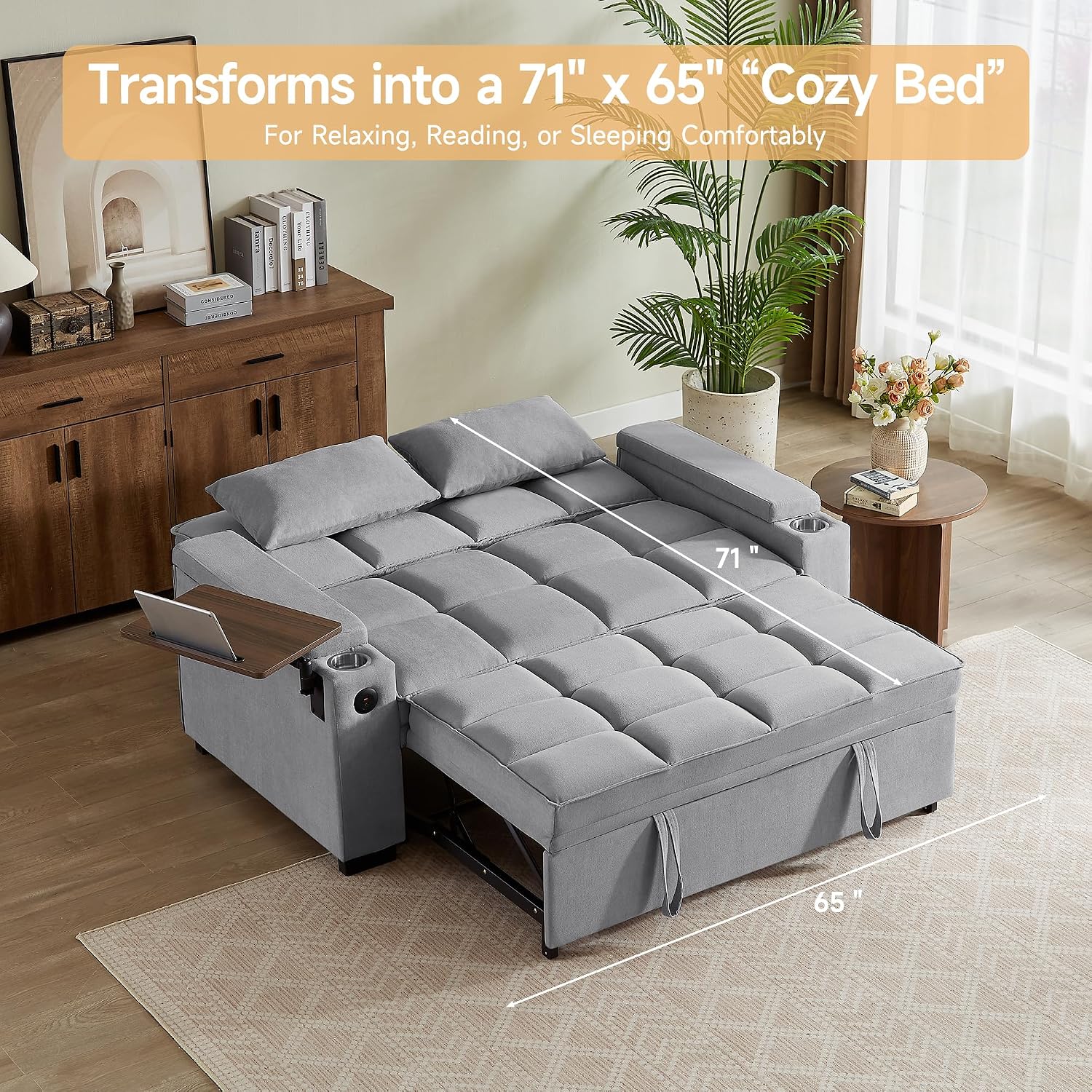 Auvsoce 65' Sleeper Sofa Bed Loveseat, Convertible Couch for Living Room, RV Sofa with Adjustable Backrest, Chaise Lounge, Side Table, USB & Type-C Ports
