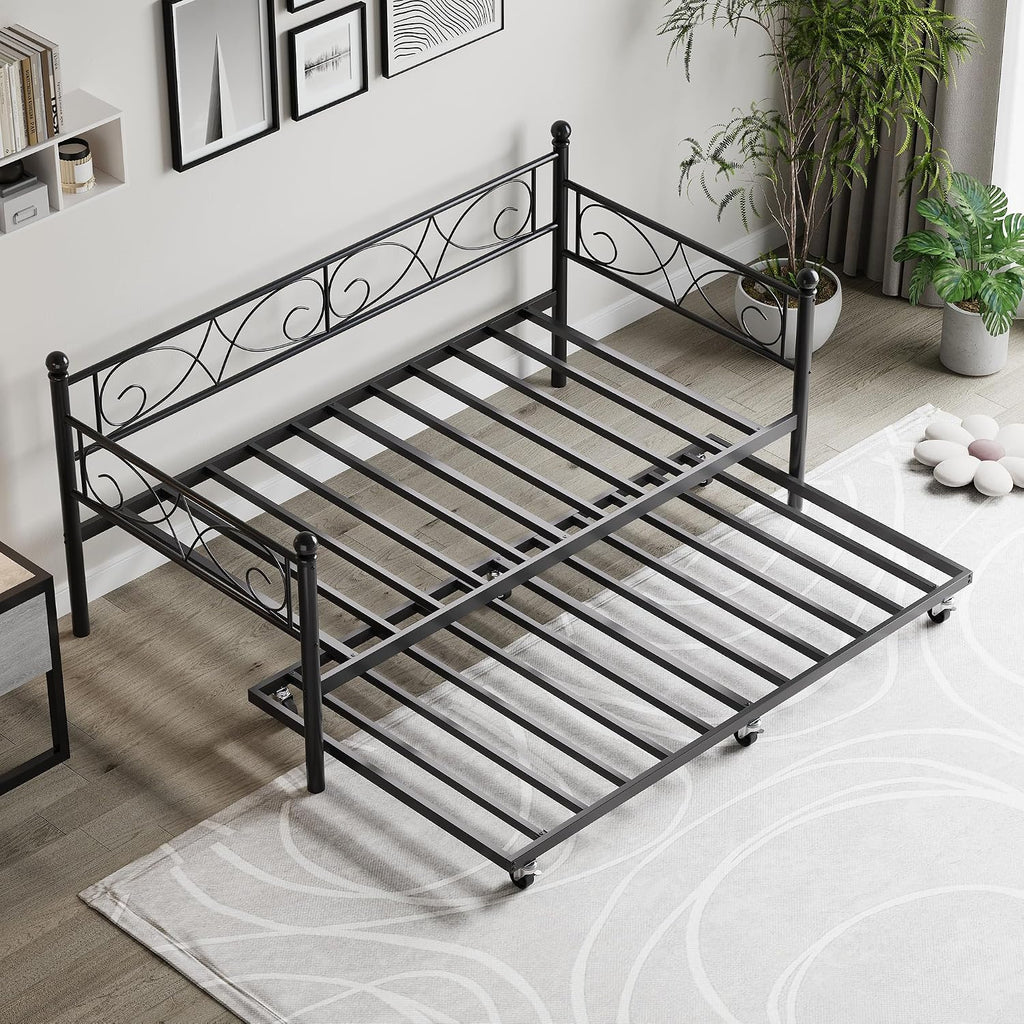 IDEALHOUSE Twin Daybed with Trundle, Metal Trundle Bed, Sofa Bed Frame, Heavy Duty Metal Slats, for Living Room, Bedroom, Guest Room, Space Saving, Modern Black