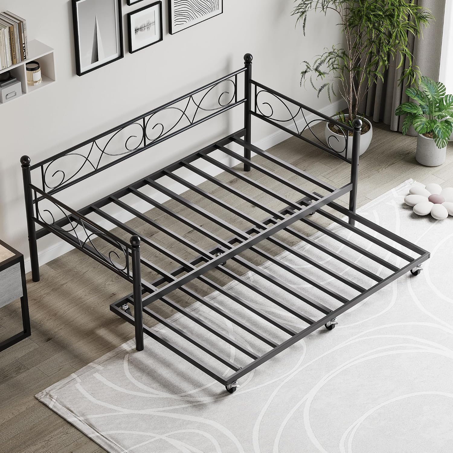 IDEALHOUSE Twin Daybed with Trundle, Metal Trundle Bed, Sofa Bed Frame, Heavy Duty Metal Slats, for Living Room, Bedroom, Guest Room, Space Saving, Modern Black
