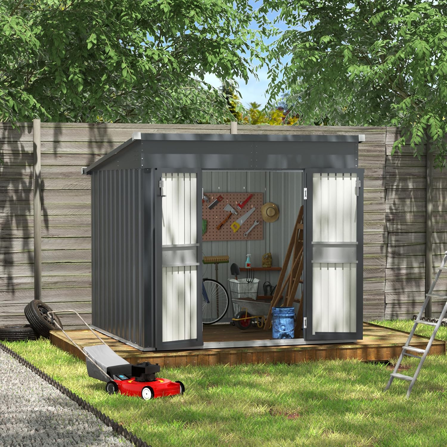 BlueWish 7'x8' Metal Storage Shed, Outdoor Storage Shed with Sloped Galvanized Roof, Patio Utility Tool Shed Storage House with 2 Vents for Backyard and Garden, Gray