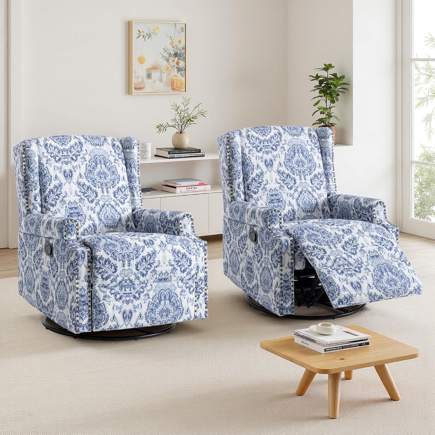 Lumibee Swivel Rocker Recliner Chair, Set of 2 Printed Fabric Swivel Glider Rocking Chair with High Back, Upholstered Deep Seat Wingback Recliner Chair for Living Room Bedroom, Navy