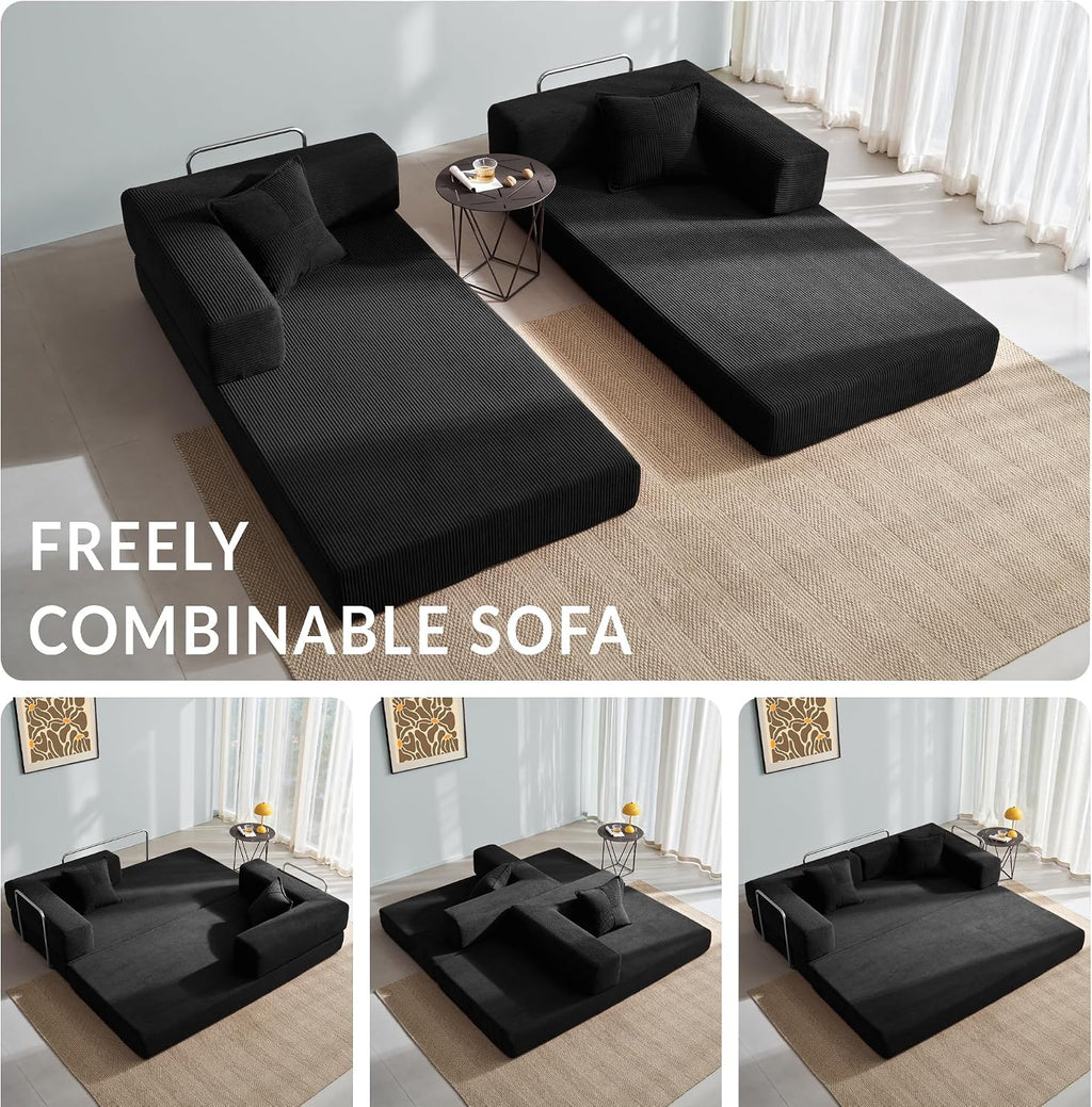 YINIX Foldable Sofa Bed, 78'' Folding Floor Couch, Compressed Convertable Sleeper Sofa, Memory Foam Couch with Pillow Back Support Armrest, 4-in-1 Futon Sofa Bed for Living Room, Black