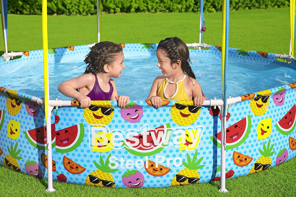 H2OGO! Kids Splash-in-Shade 8-Foot Round Steel Frame Above Ground Pool with Water Mister and Canopy Sunshade, Green Tropical Leaf Print