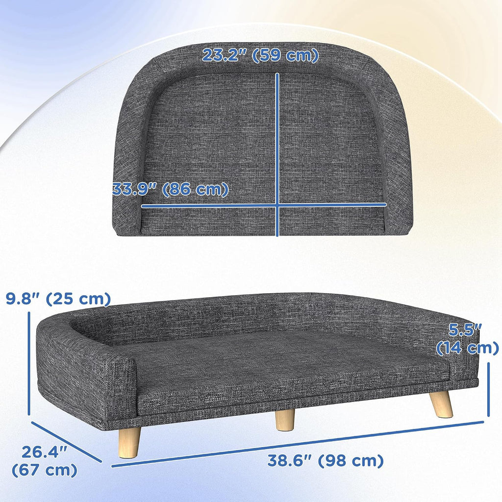 PawHut Dog Sofa Couch, Pet Bed with Comfortable Luxury Cushion, Washable Cover, Wooden Legs, Anti-Slip Mat for Large Dogs, Cats, Kittens, Dark Gray