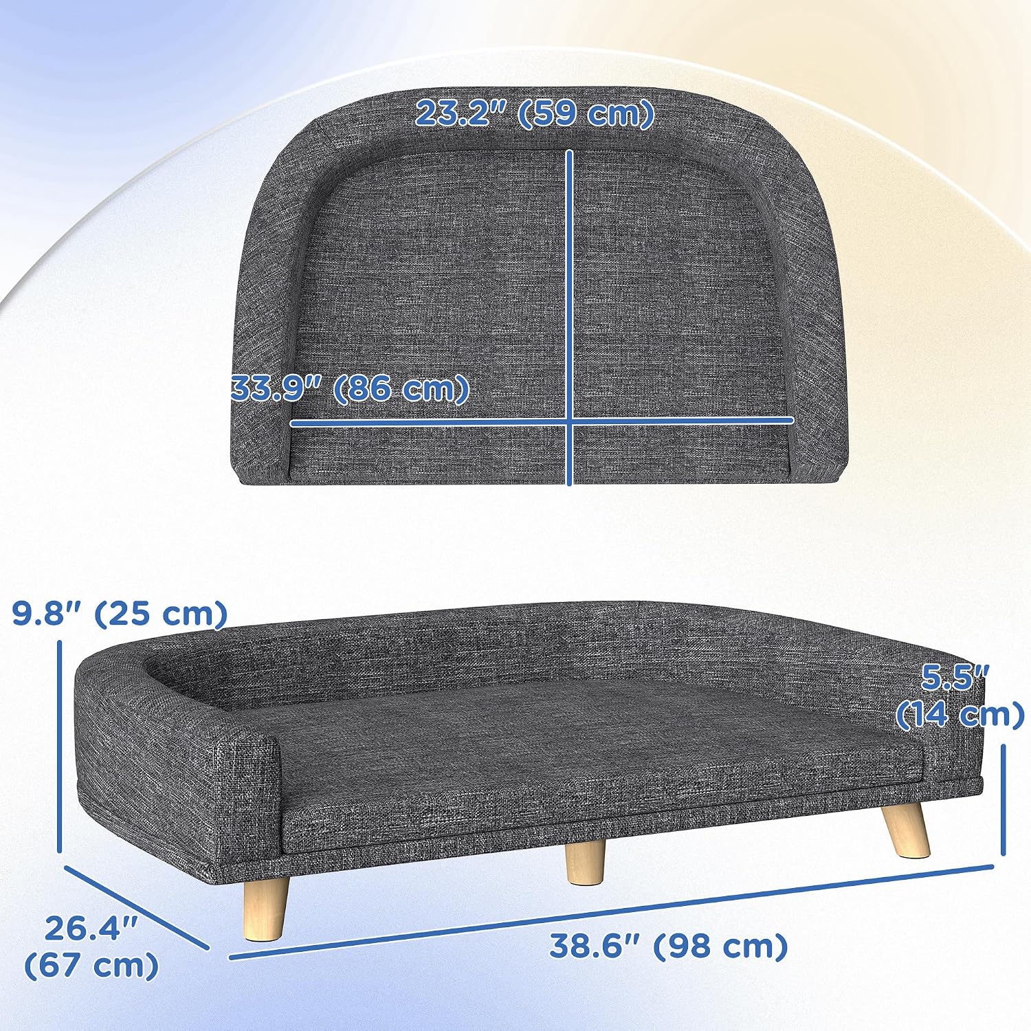 PawHut Dog Sofa Couch, Pet Bed with Comfortable Luxury Cushion, Washable Cover, Wooden Legs, Anti-Slip Mat for Large Dogs, Cats, Kittens, Dark Gray