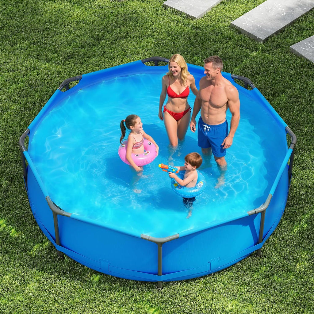 GYMAX 10ft x 30in Metal Frame Above Ground Swimming Pool, Outdoor Backyard Famliy Pool Set with Puncture-Resistant Fabric, Drainage Valve Connector for Kids & Adults (10' x 30', Round, Blue)