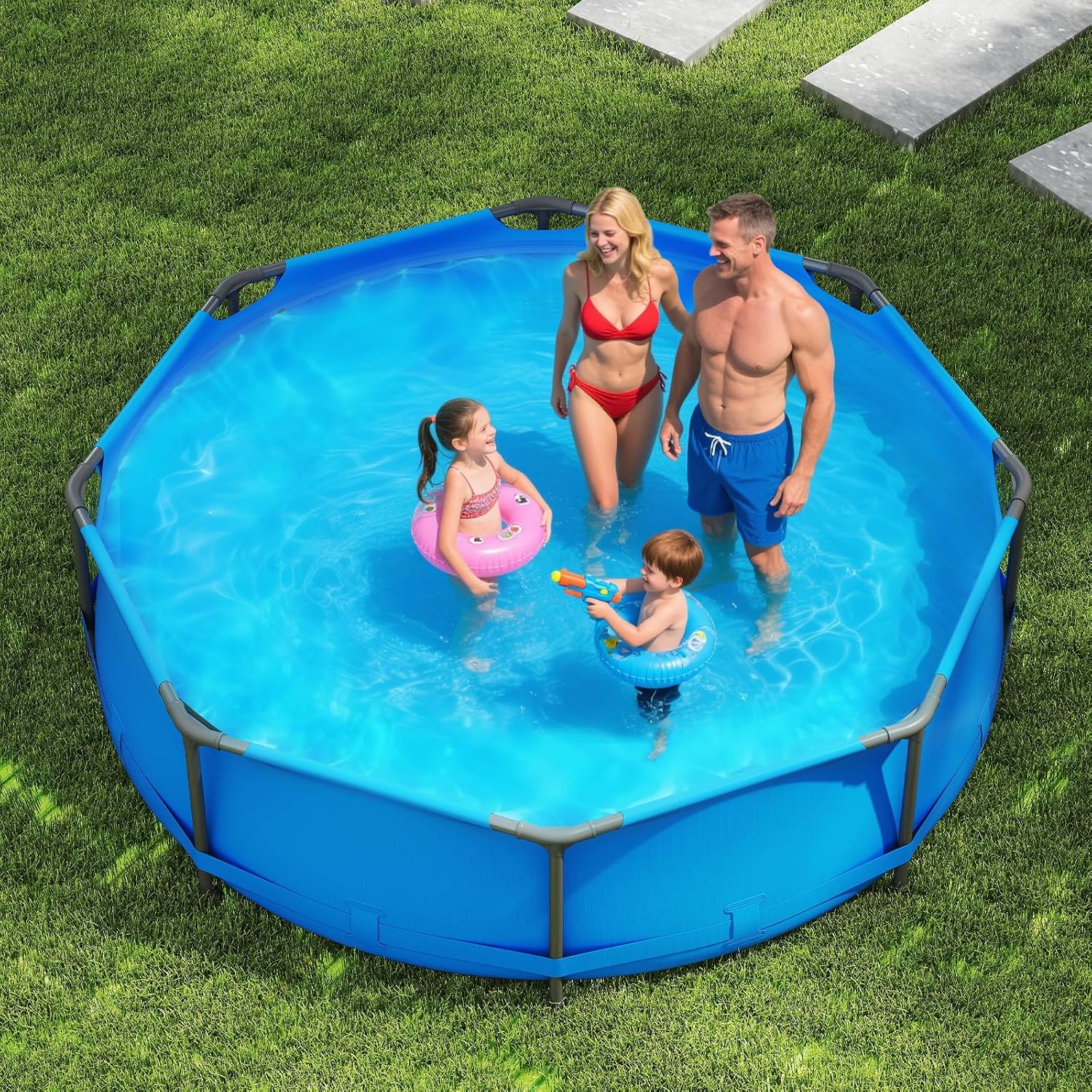 GYMAX 10ft x 30in Metal Frame Above Ground Swimming Pool, Outdoor Backyard Famliy Pool Set with Puncture-Resistant Fabric, Drainage Valve Connector for Kids & Adults (10' x 30', Round, Blue)