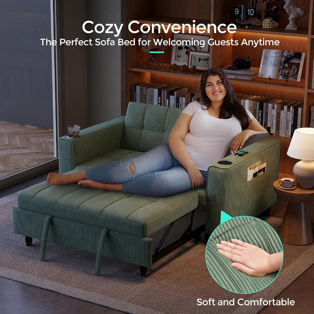 LINSY 3-in-1 Convertible Sofa Bed, 54' Pull Out Sleeper Sofa with Charging Station & Cup Holder, Small Corduroy Couch Folding Loveseat with Side Pocket for Small Space, Green