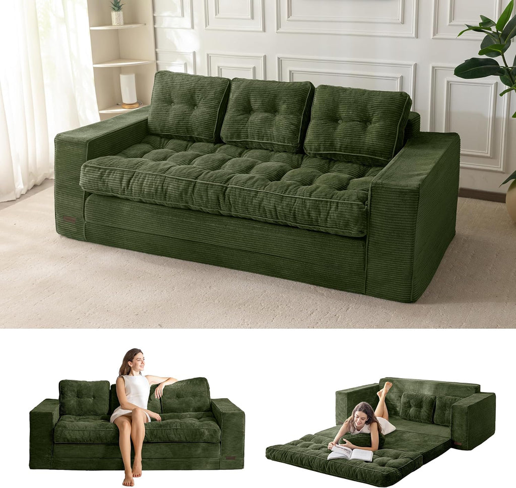 MAXYOYO Convertible Sofa Bed, Pull Out Loveseat Sleeper Sofa, 2 in 1 Folding Couch Bed, Fold Out Floor Couch with Pillows for Living Room Bedroom Lounge, Dark Green