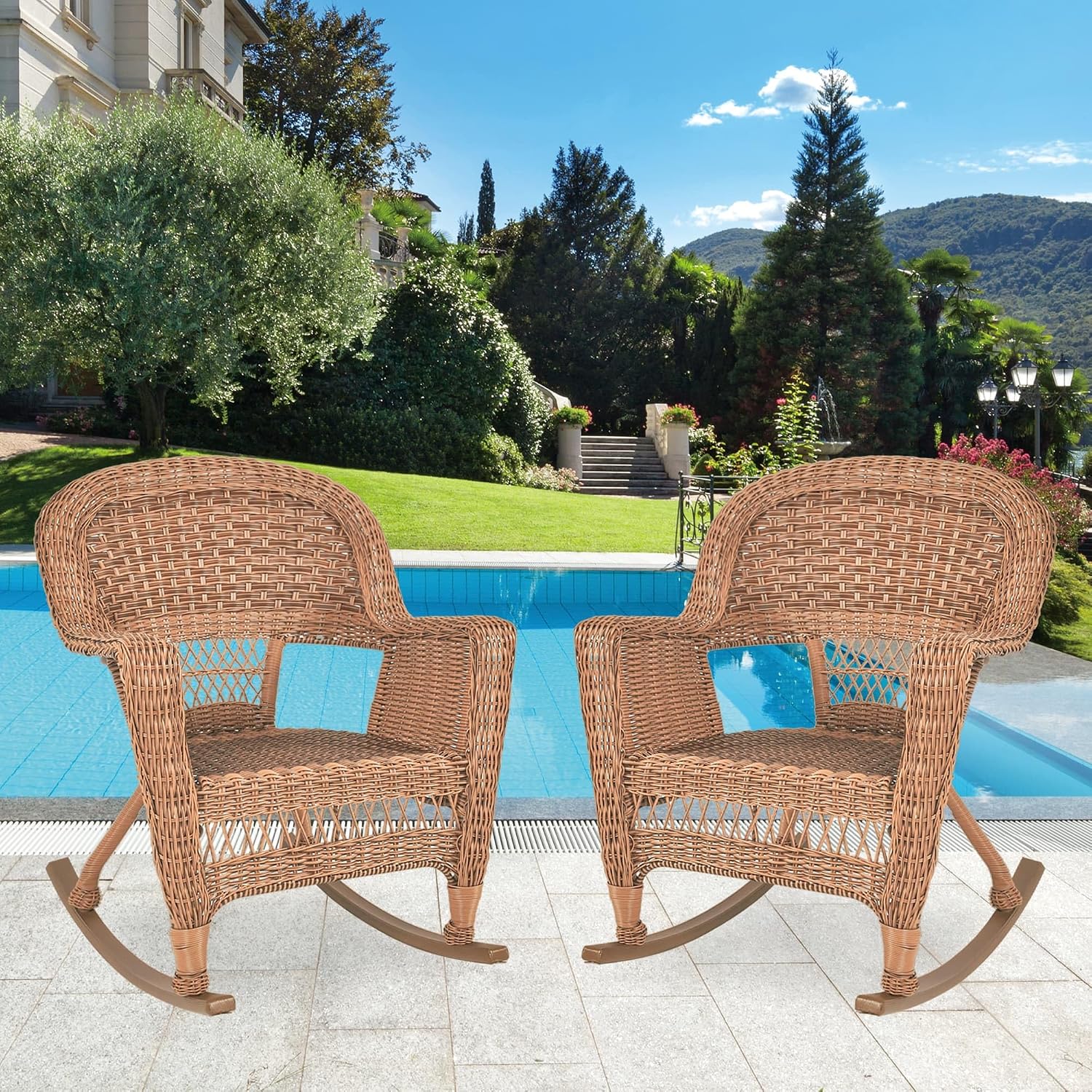 Jeco Set of 2 Wicker Rocker Chairs, Honey