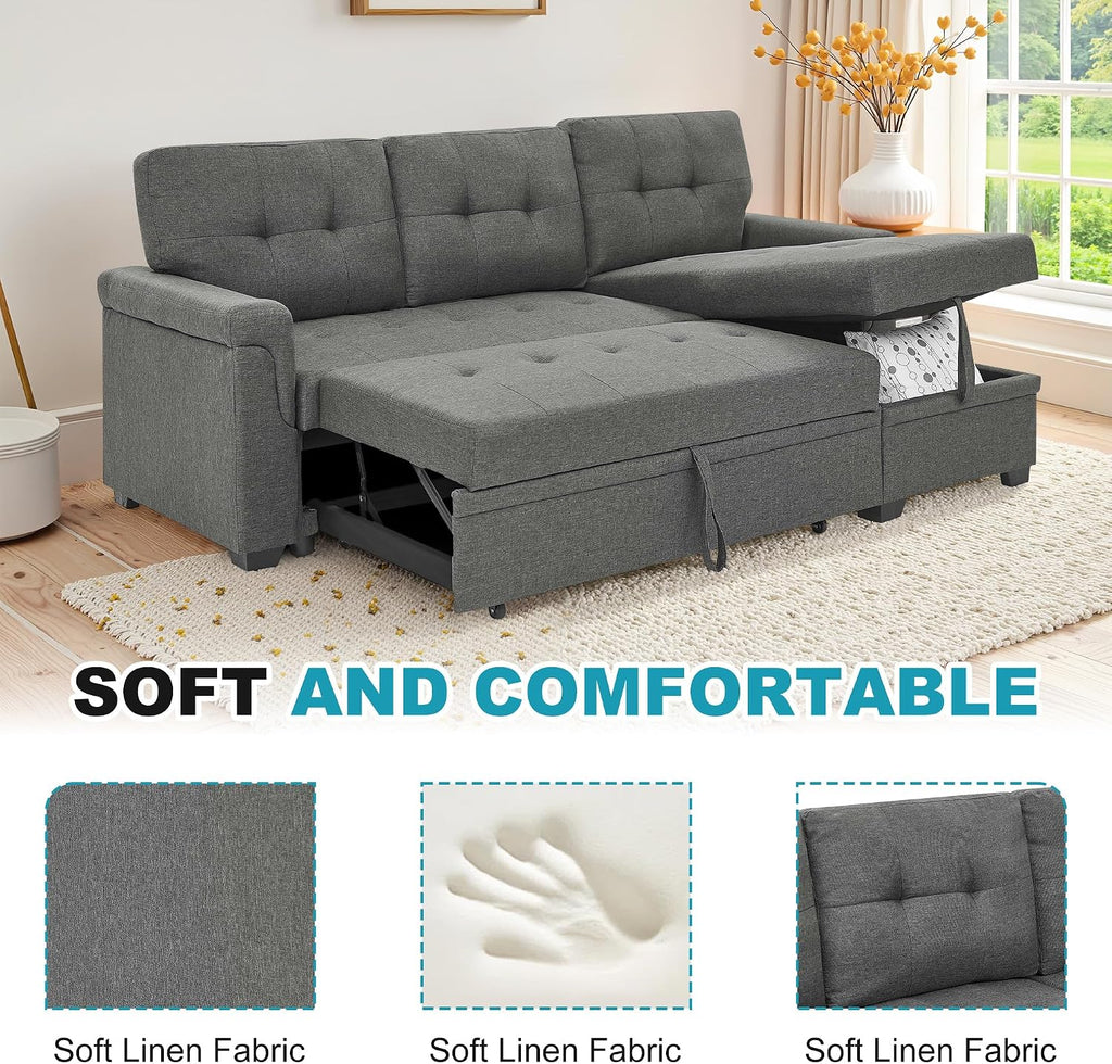 L Shaped 3 Seat Sofa Bed with Storage, 86' Sleeper Sofa Couch with Pull Out Chaise Sectional Couch for Apartment, Bedroom, Living Room, Gray